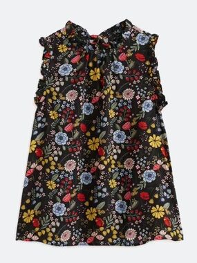 bobeau Black Floral Ruffle Tie-Back Blouse with Red, Yellow, Blue Flowers